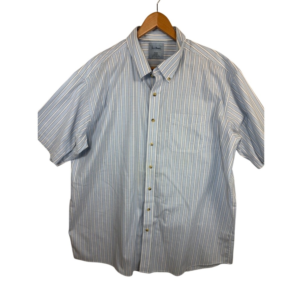 L.L. Bean Men's XXL Tall 2XLT Blue White Stripe Cotton Short Sleeve Button Down